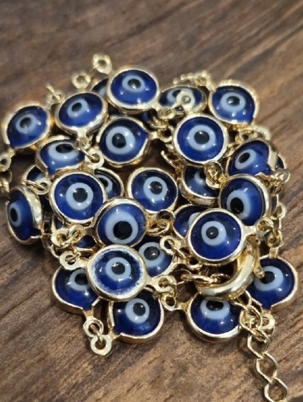 Gold Tone & Blue Evil Eye Chain-link Beaded Necklace w/ Extender